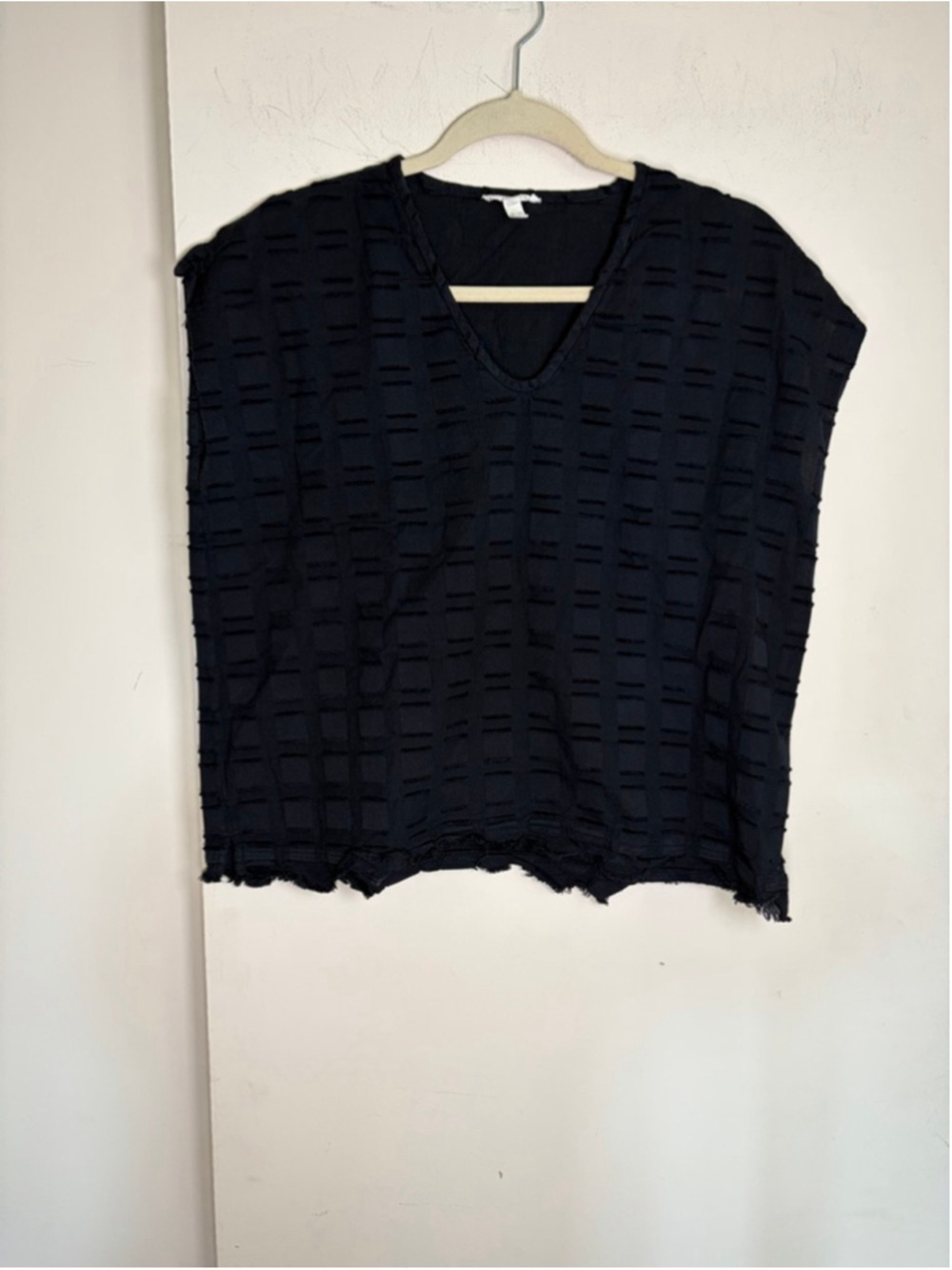 Eileen Fisher Shadow Square Organic Cotton V-Neck Box Top Frayed Hem Size XXS/XS